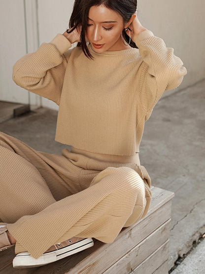 Outfit Set- Comfy Long Sleeve Crop Pullover + Flared Pants in Waffle Textured Finish- - IndioGear Clothing and Gear