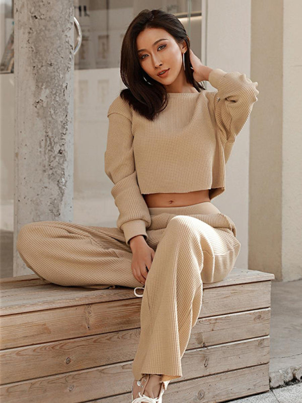 Outfit Set- Comfy Long Sleeve Crop Pullover + Flared Pants in Waffle Textured Finish- - IndioGear Clothing and Gear