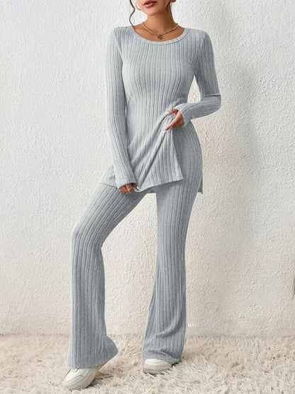 Outfit Set- Loungewear Ribbed Knit Pants & Slit Side Crew Neck Sweater for Cozy Evenings- Grey- IndioGear Clothing and Gear