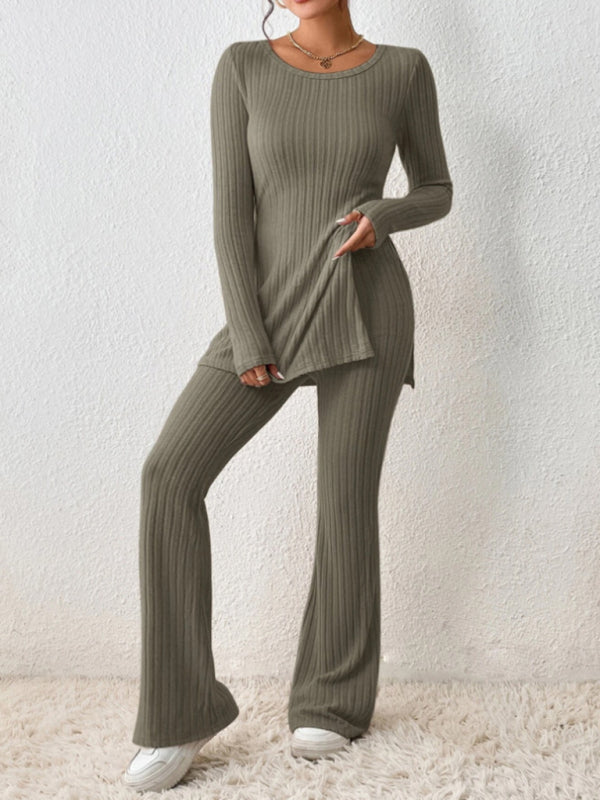 Outfit Set- Loungewear Ribbed Knit Pants & Slit Side Crew Neck Sweater for Cozy Evenings- - IndioGear Clothing and Gear