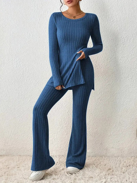 Outfit Set- Loungewear Ribbed Knit Pants & Slit Side Crew Neck Sweater for Cozy Evenings- Blue- IndioGear Clothing and Gear