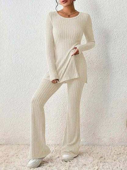 Outfit Set- Loungewear Ribbed Knit Pants & Slit Side Crew Neck Sweater for Cozy Evenings- Cracker khaki- IndioGear Clothing and Gear