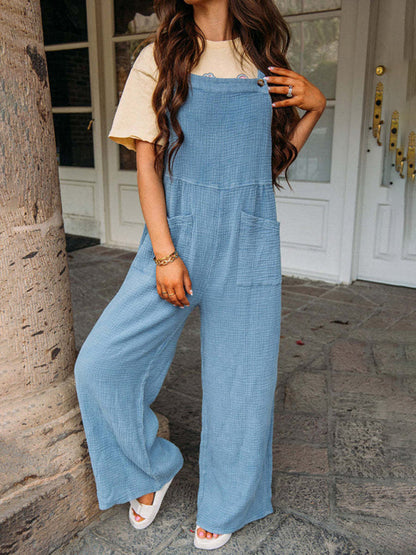 Overalls- Textured Cotton Wide Leg Bib Overalls - Pocket Pantsuits- - IndioGear Fashion and Gear