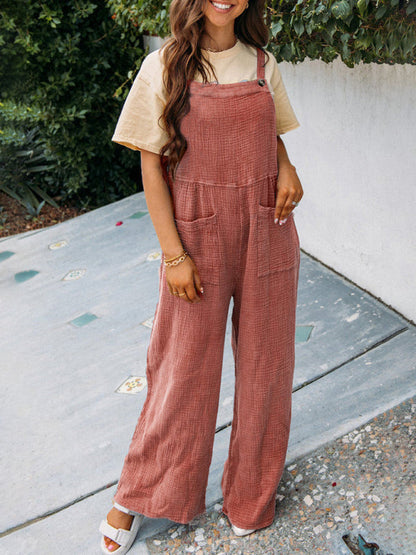 Overalls- Textured Cotton Wide Leg Bib Overalls - Pocket Pantsuits- Watermelon Red- IndioGear Fashion and Gear