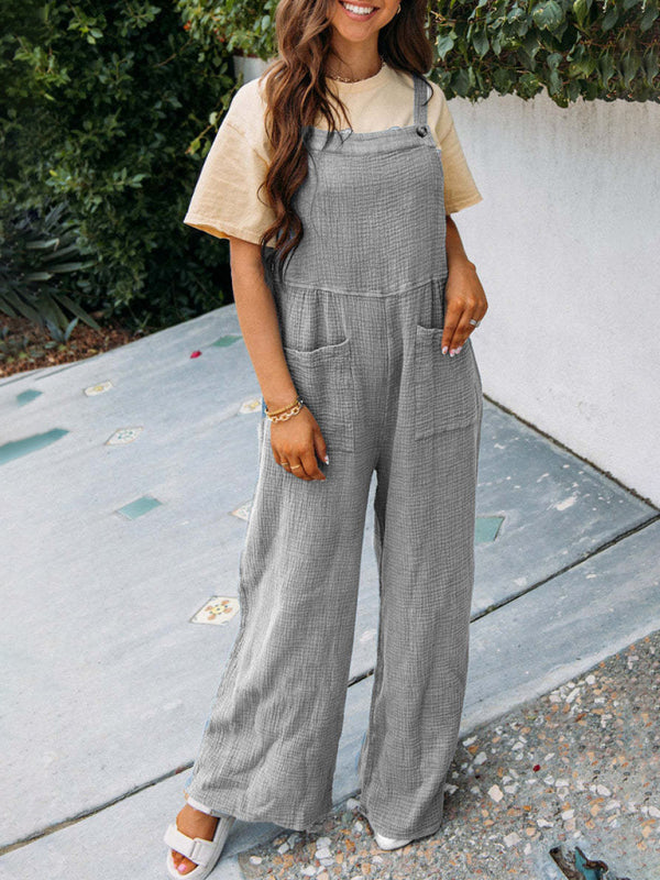 Overalls- Textured Cotton Wide Leg Bib Overalls - Pocket Pantsuits- Grey- IndioGear Fashion and Gear