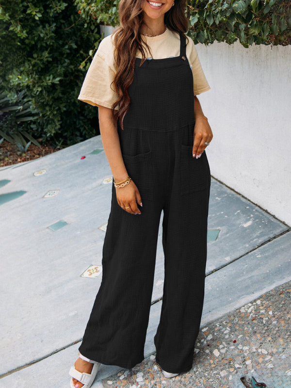 Overalls- Textured Cotton Wide Leg Bib Overalls - Pocket Pantsuits- Black- IndioGear Fashion and Gear