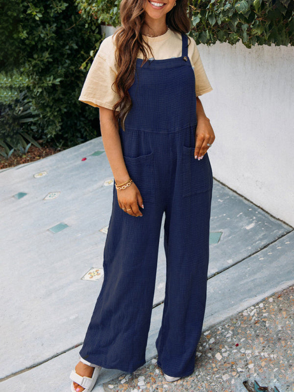 Overalls- Textured Cotton Wide Leg Bib Overalls - Pocket Pantsuits- Purplish blue navy- IndioGear Fashion and Gear