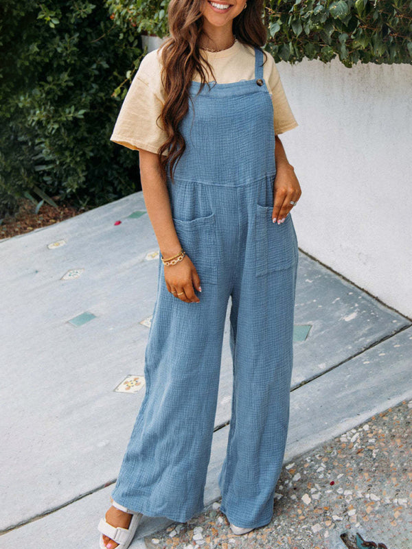 Overalls- Textured Cotton Wide Leg Bib Overalls - Pocket Pantsuits- - IndioGear Fashion and Gear