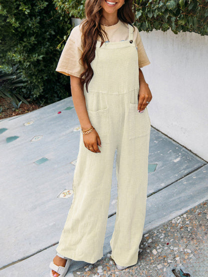 Overalls- Textured Cotton Wide Leg Bib Overalls - Pocket Pantsuits- Cracker khaki- IndioGear Fashion and Gear