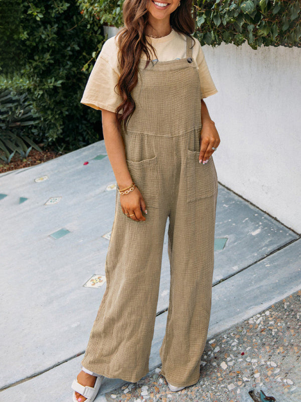 Overalls- Textured Cotton Wide Leg Bib Overalls - Pocket Pantsuits- Khaki- IndioGear Fashion and Gear