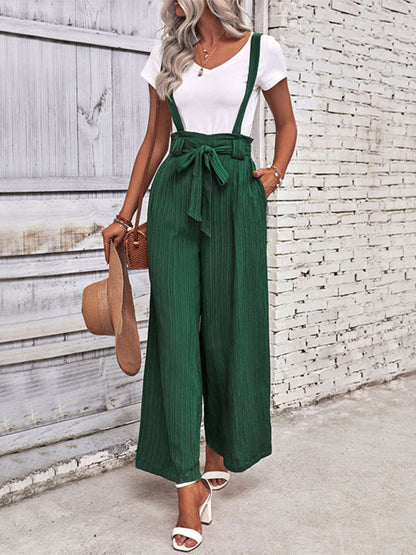 Overalls- Women's Ribbed Wide-Leg Bowknot Jumpsuit Overalls- - IndioGear Fashion and Gear