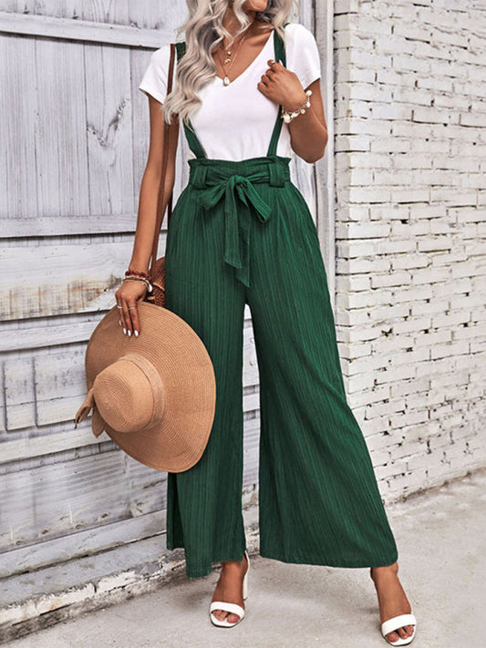 Overalls- Women's Ribbed Wide-Leg Bowknot Jumpsuit Overalls- Green black jasper- IndioGear Fashion and Gear