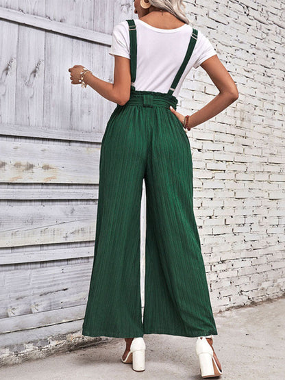 Overalls- Women's Ribbed Wide-Leg Bowknot Jumpsuit Overalls- - IndioGear Fashion and Gear