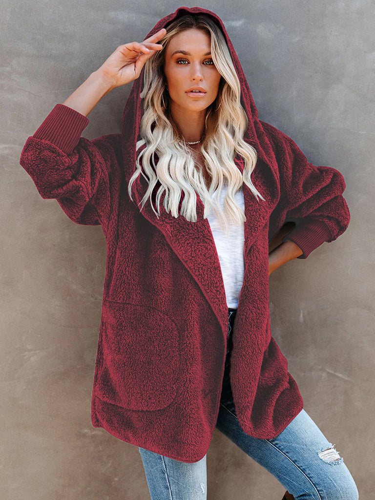 Overcoat Hoodies- Plush Sherpa Hoodie - Oversized Jacket- Wine Red- IndioGear Fashion and Gear