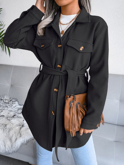 Overcoats- Plush Wool Overcoat - Long Belted Jacket- Black- IndioGear Fashion and Gear