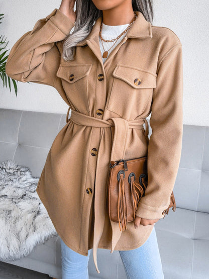 Overcoats- Plush Wool Overcoat - Long Belted Jacket- - IndioGear Fashion and Gear