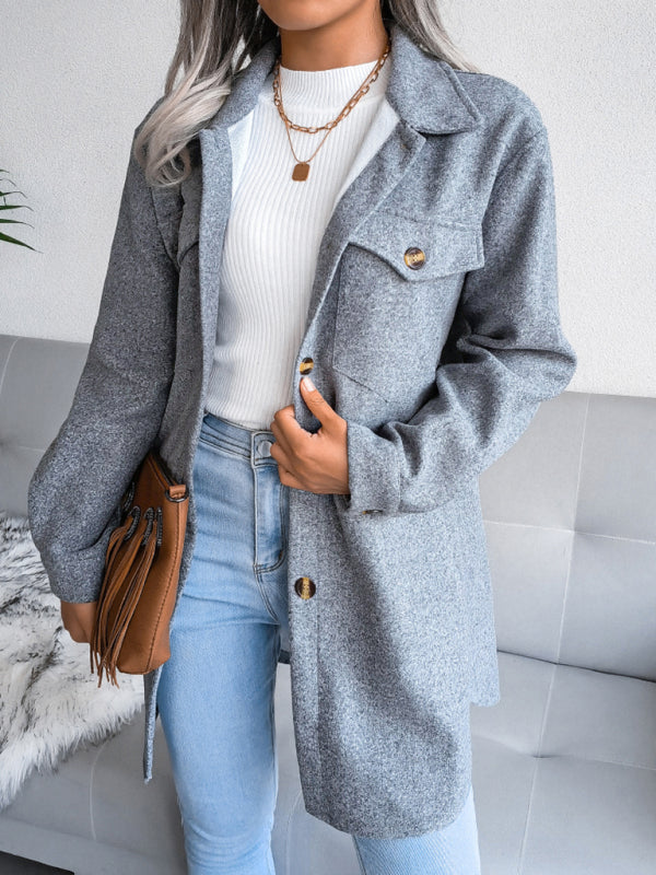 Overcoats- Plush Wool Overcoat - Long Belted Jacket- Grey- IndioGear Fashion and Gear