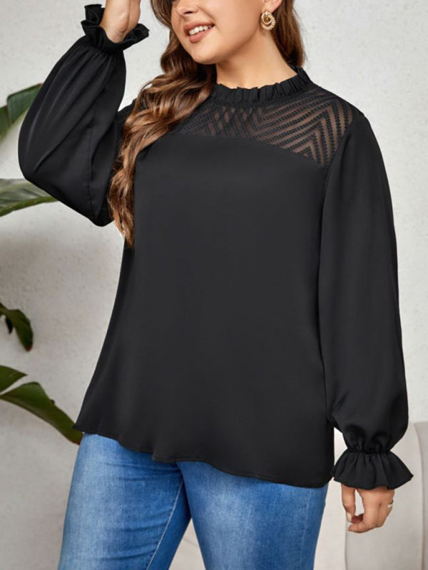 Oversized Blouses- Oversized Frill Crew Neck Blouse for Curvy Women- - IndioGear Fashion and Gear