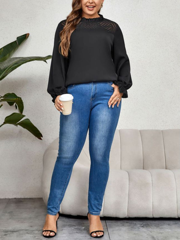 Oversized Blouses- Oversized Frill Crew Neck Blouse for Curvy Women- - IndioGear Fashion and Gear