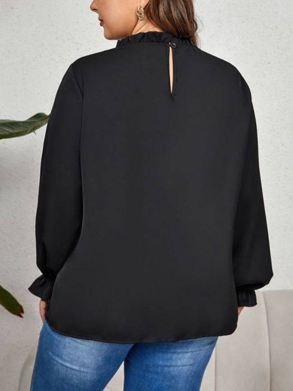 Oversized Blouses- Oversized Frill Crew Neck Blouse for Curvy Women- - IndioGear Fashion and Gear