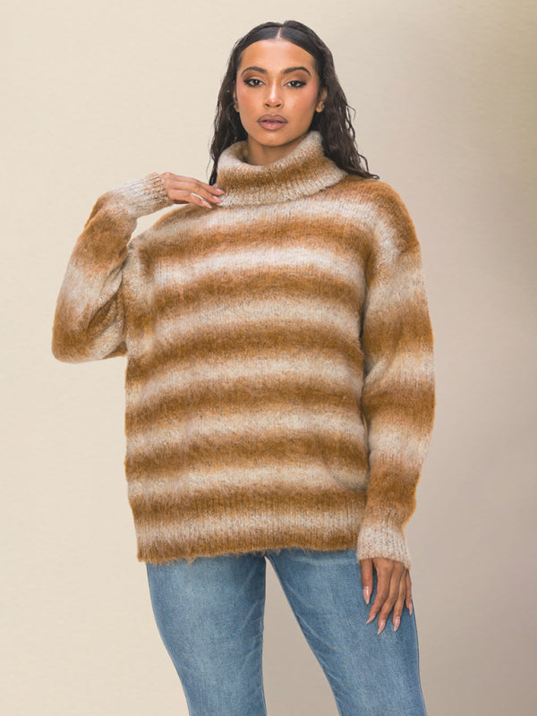 Oversized Sweaters- Oversized Cozy Fluffy Stripe Knit Turtleneck Sweater- - IndioGear Clothing and Gear