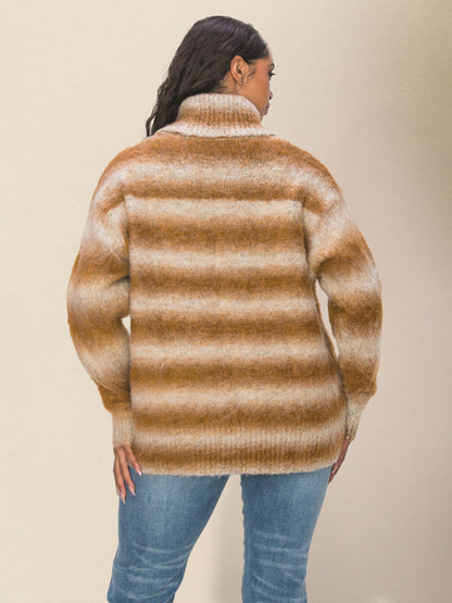 Oversized Sweaters- Oversized Cozy Fluffy Stripe Knit Turtleneck Sweater- - IndioGear Clothing and Gear