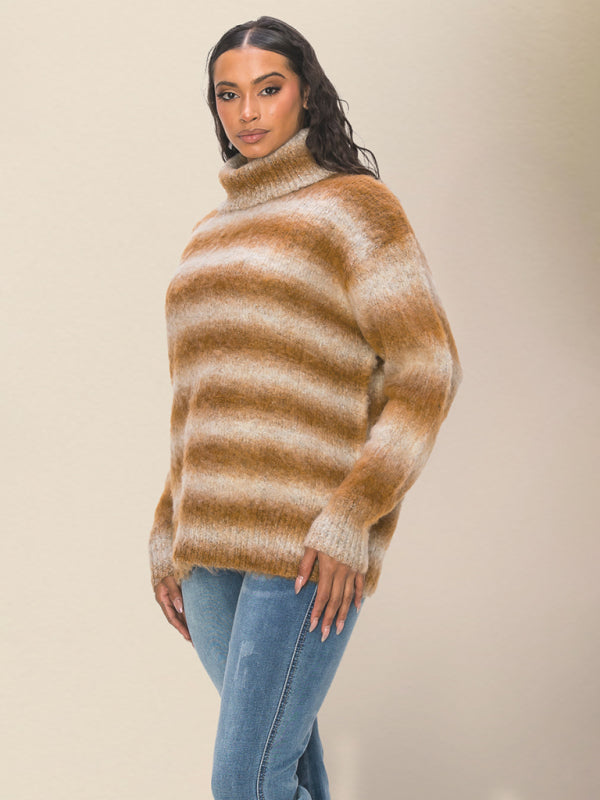 Oversized Sweaters- Oversized Cozy Fluffy Stripe Knit Turtleneck Sweater- - IndioGear Clothing and Gear