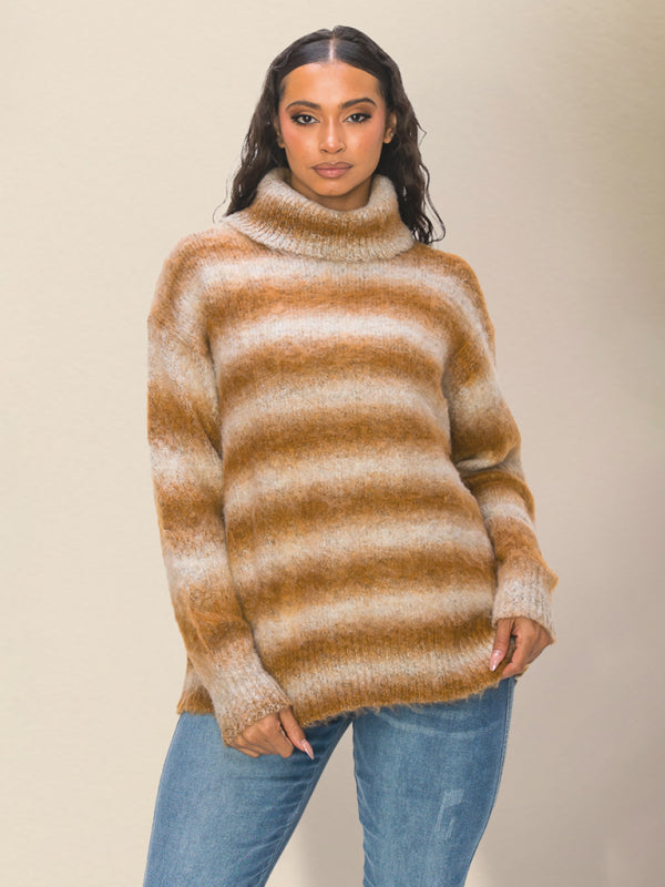 Oversized Sweaters- Oversized Cozy Fluffy Stripe Knit Turtleneck Sweater- Yellow- IndioGear Clothing and Gear