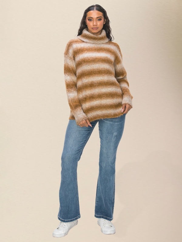 Oversized Sweaters- Oversized Cozy Fluffy Stripe Knit Turtleneck Sweater- - IndioGear Clothing and Gear