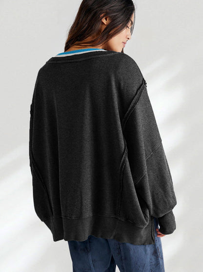 Oversized Sweatshirts- Solid Drop Shoulder Sweatshirt - Oversized Patchwork Pullover- - IndioGear Clothing and Gear