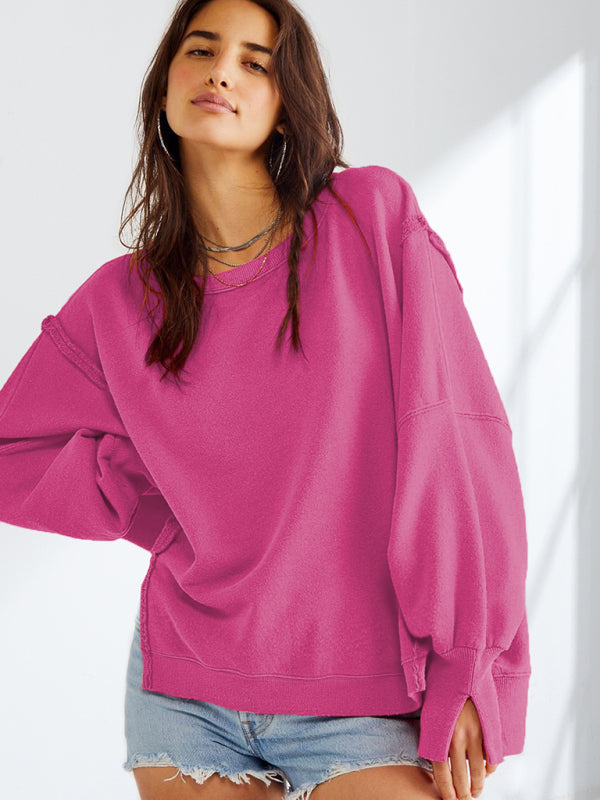 Oversized Sweatshirts- Solid Drop Shoulder Sweatshirt - Oversized Patchwork Pullover- Rose- IndioGear Clothing and Gear