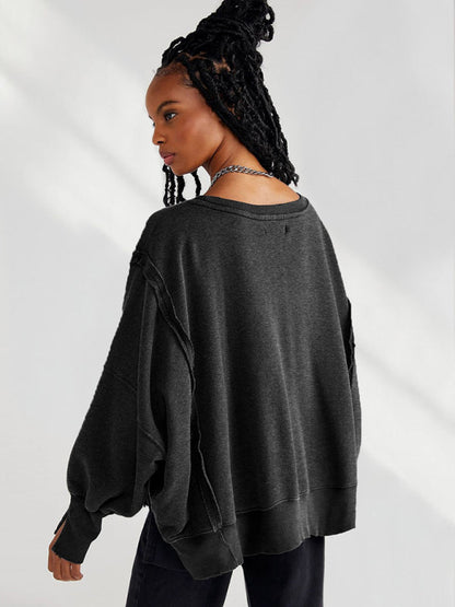 Oversized Sweatshirts- Solid Drop Shoulder Sweatshirt - Oversized Patchwork Pullover- - IndioGear Clothing and Gear