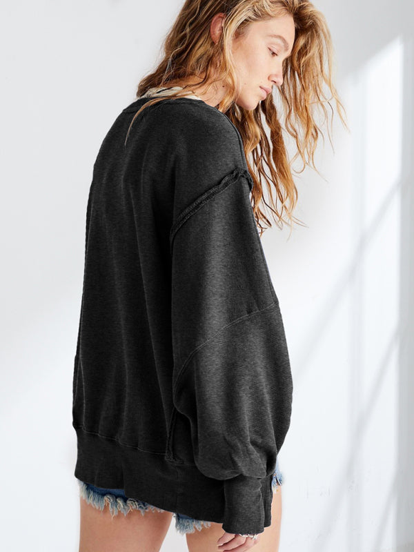 Oversized Sweatshirts- Solid Drop Shoulder Sweatshirt - Oversized Patchwork Pullover- - IndioGear Clothing and Gear