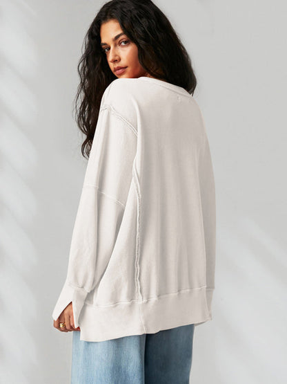 Oversized Sweatshirts- Solid Drop Shoulder Sweatshirt - Oversized Patchwork Pullover- - IndioGear Clothing and Gear