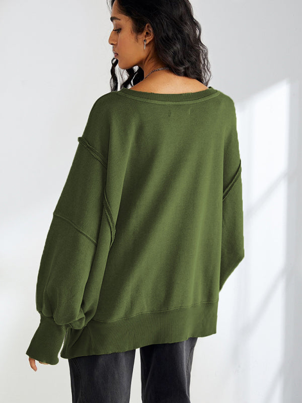 Oversized Sweatshirts- Solid Drop Shoulder Sweatshirt - Oversized Patchwork Pullover- - IndioGear Clothing and Gear