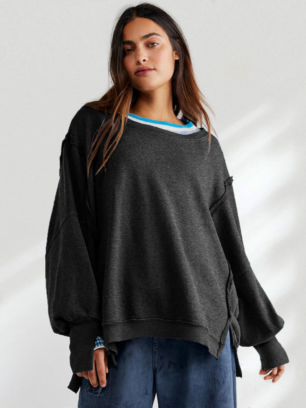 Oversized Sweatshirts- Solid Drop Shoulder Sweatshirt - Oversized Patchwork Pullover- - IndioGear Clothing and Gear