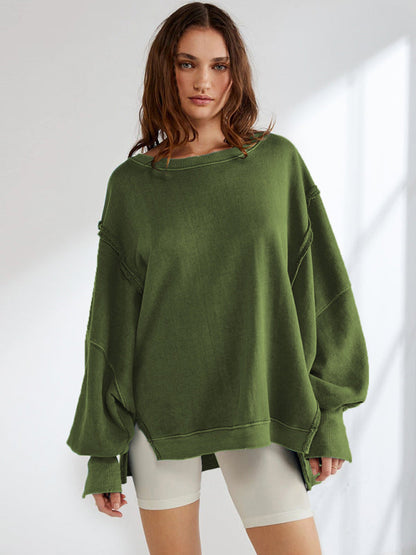 Oversized Sweatshirts- Solid Drop Shoulder Sweatshirt - Oversized Patchwork Pullover- Green- IndioGear Clothing and Gear