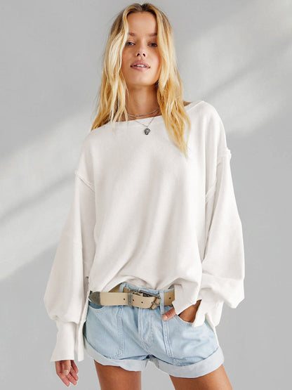 Oversized Sweatshirts- Solid Drop Shoulder Sweatshirt - Oversized Patchwork Pullover- White- IndioGear Clothing and Gear