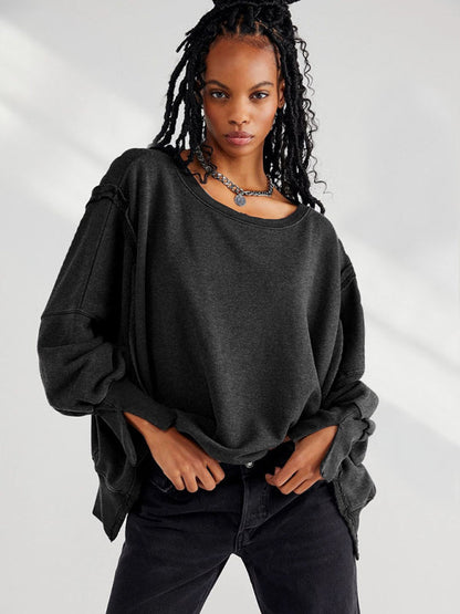 Oversized Sweatshirts- Solid Drop Shoulder Sweatshirt - Oversized Patchwork Pullover- Black- IndioGear Clothing and Gear