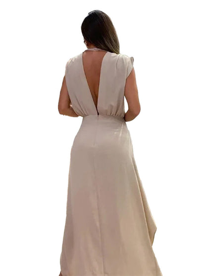 Overskirt Dresses- Elegant Solid Plunge Neck High-Low Overskirt Dress- - IndioGear Fashion and Gear