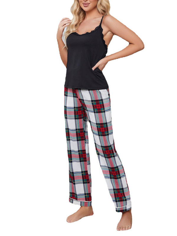 Pajamas- Comfy 2-Piece Plaid Pajamas Cami & Pants Sleep Set- - IndioGear Fashion and Gear