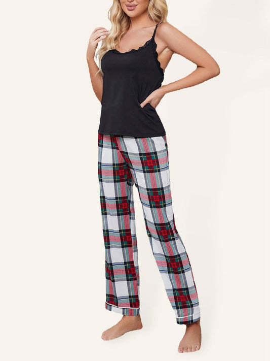 Pajamas- Comfy 2-Piece Plaid Pajamas Cami & Pants Sleep Set- Black- IndioGear Fashion and Gear