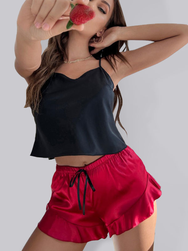 Pajamas- Contrast Satin 2-Piece Sleepwear - Silk Cami Top and Ruffle Shorts- Red- IndioGear Fashion and Gear