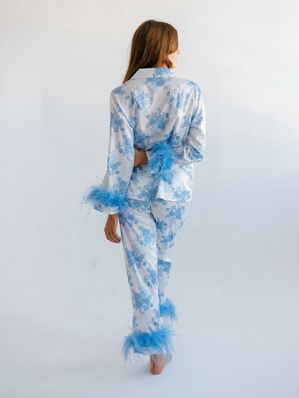 Pajamas-Feathered Satin Print Pajamas - 2 Piece Pants & Lapel Shirt-Pekosa Women Clothing