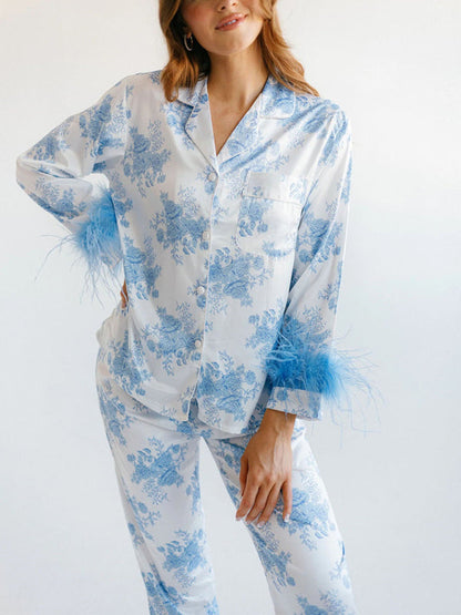 Pajamas-Feathered Satin Print Pajamas - 2 Piece Pants & Lapel Shirt-Pekosa Women Clothing