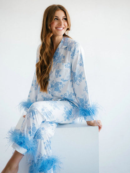 Pajamas-Feathered Satin Print Pajamas - 2 Piece Pants & Lapel Shirt-Pekosa Women Clothing