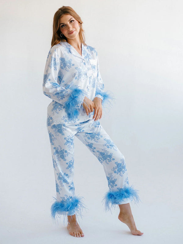 Pajamas-Feathered Satin Print Pajamas - 2 Piece Pants & Lapel Shirt-Pekosa Women Clothing