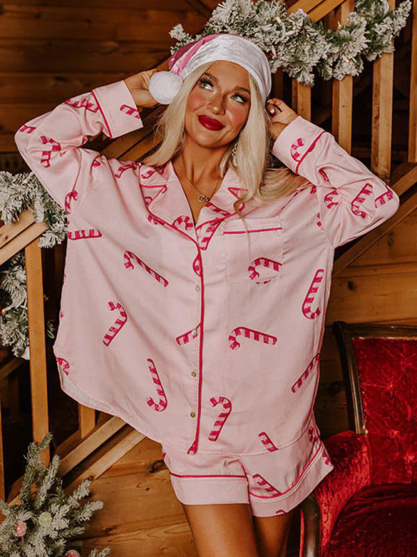 Pajamas-Festive Print Satin Pajama Set - 2-Piece Shorts & Long Sleeve Shirt-Pekosa Women Clothing