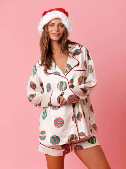 Pajamas-Festive Print Satin Pajama Set - 2-Piece Shorts & Long Sleeve Shirt-Pekosa Women Clothing