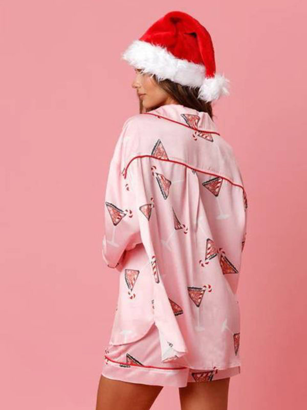 Pajamas-Festive Print Satin Pajama Set - 2-Piece Shorts & Long Sleeve Shirt-Pekosa Women Clothing